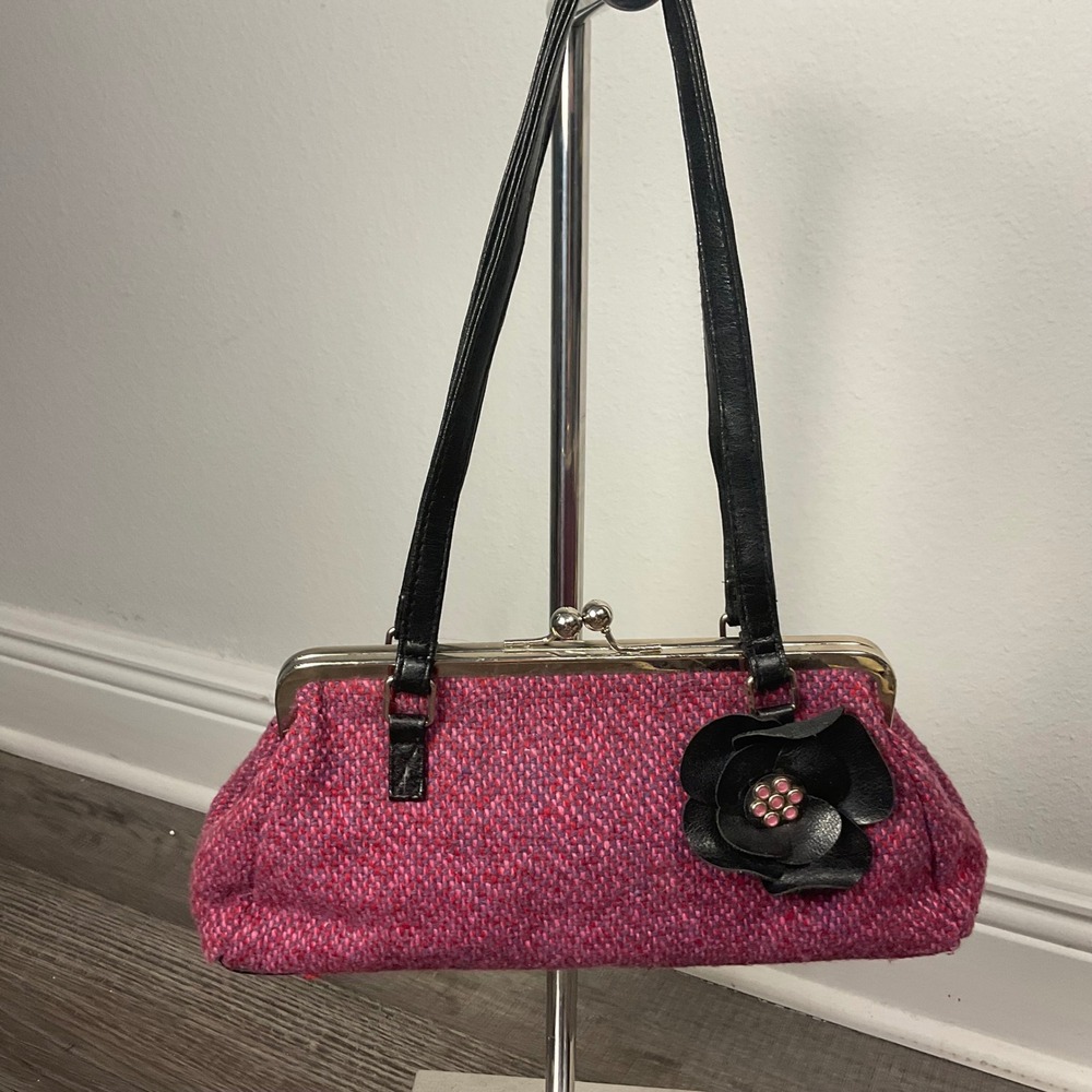 Y2K Pink Purple Tweed Kiss Lock Shoulder Bag Floral Frame Purse Academia fall
